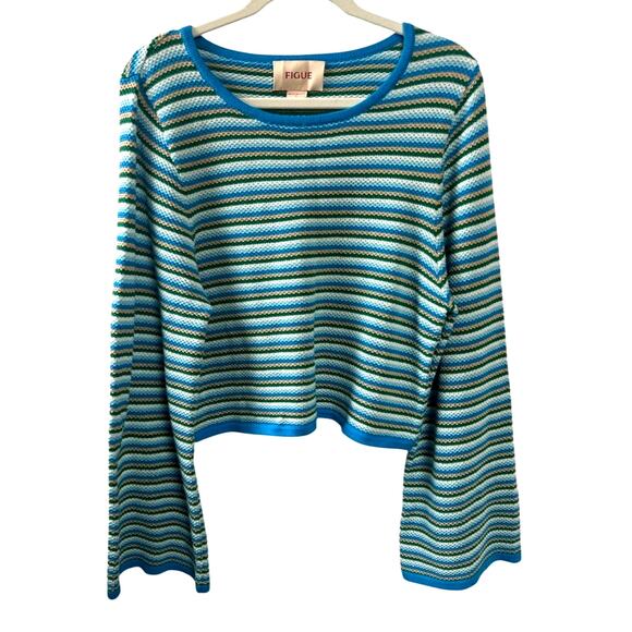 Figue Marley Cropped Sweater in Blue/Green Stripes Large Resortwear Coastal - Picture 5 of 8